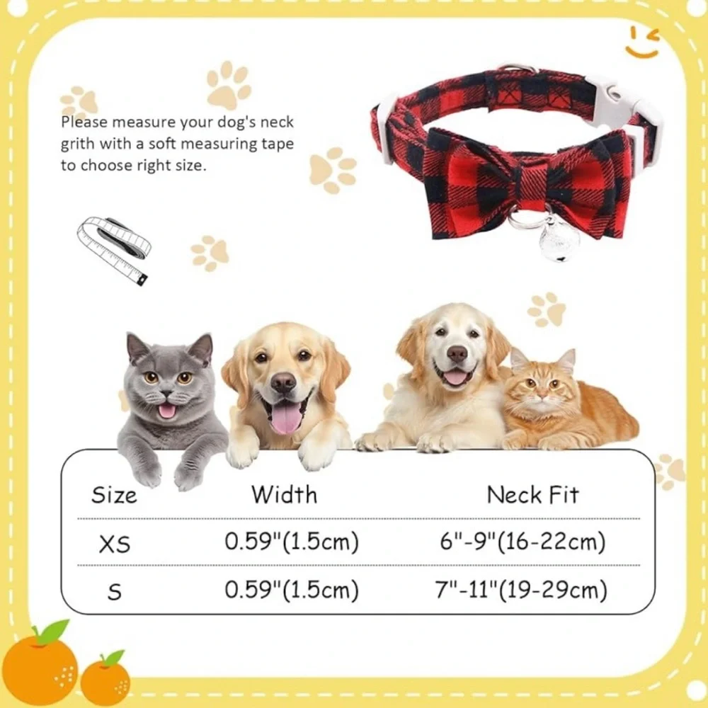 💞 New Small Red & Black Plaid Bow Tie Cat & Dog Collar with Bell